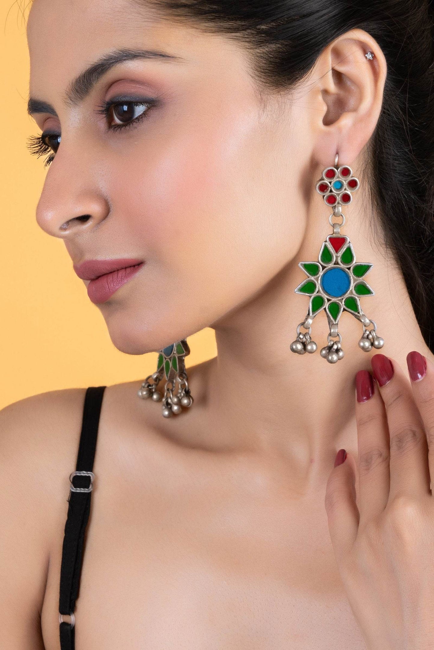 Intricate Red, Blue, Green Floral Glasswork Afghan Replica Dangler Earrings for Global Elegance - Lookandadorn.com