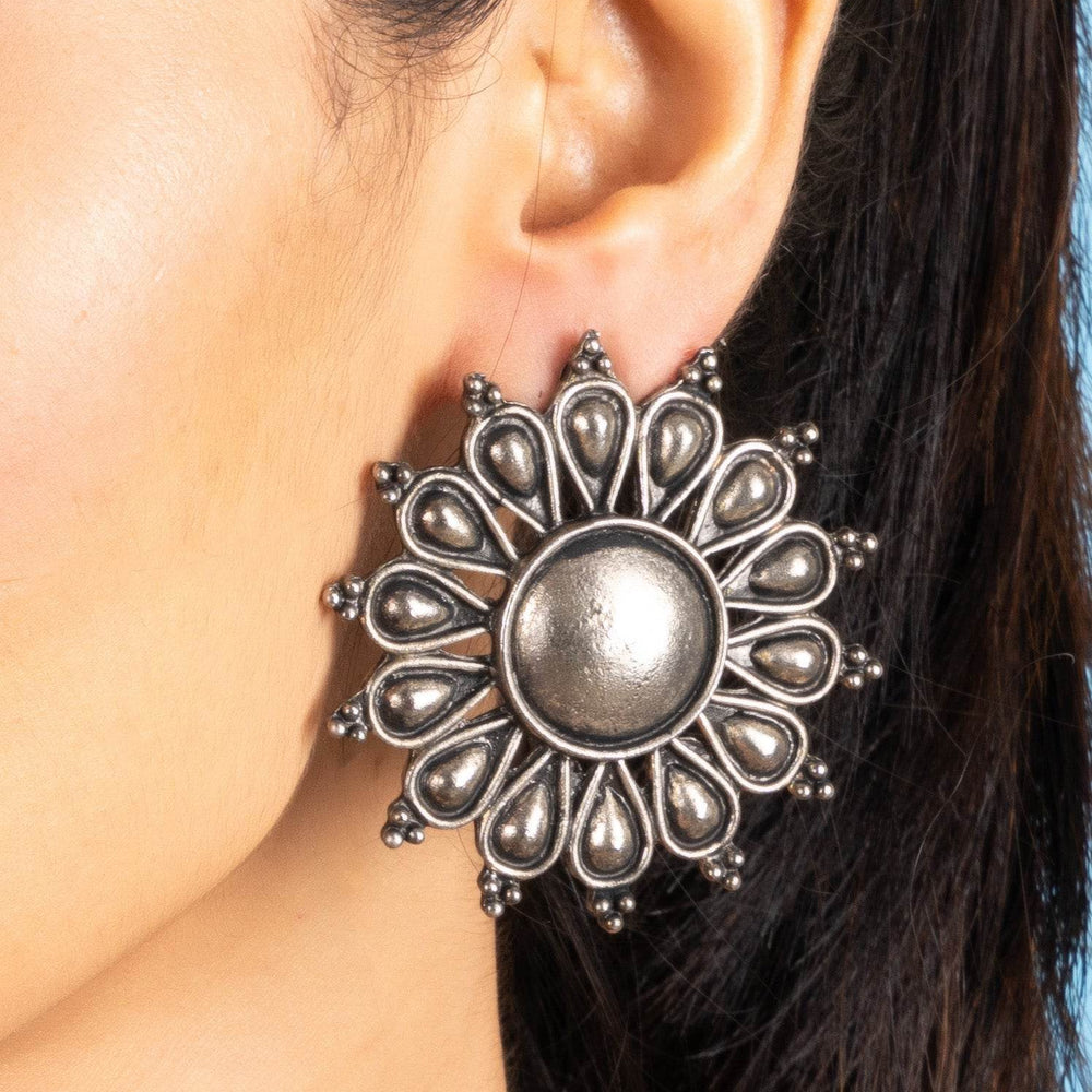 German Silver Jumbo Floral Stud Earrings with Oxidized Finish for Everyday Elegance - Lookandadorn.com
