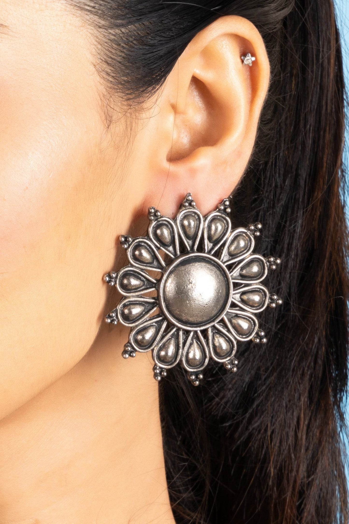 German Silver Jumbo Floral Stud Earrings with Oxidized Finish for Everyday Elegance - Lookandadorn.com