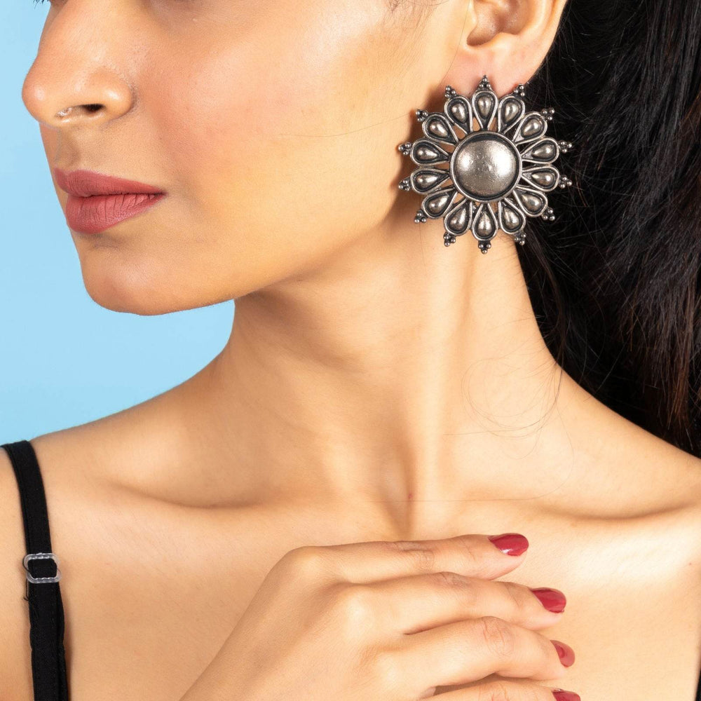 German Silver Jumbo Floral Stud Earrings with Oxidized Finish for Everyday Elegance - Lookandadorn.com