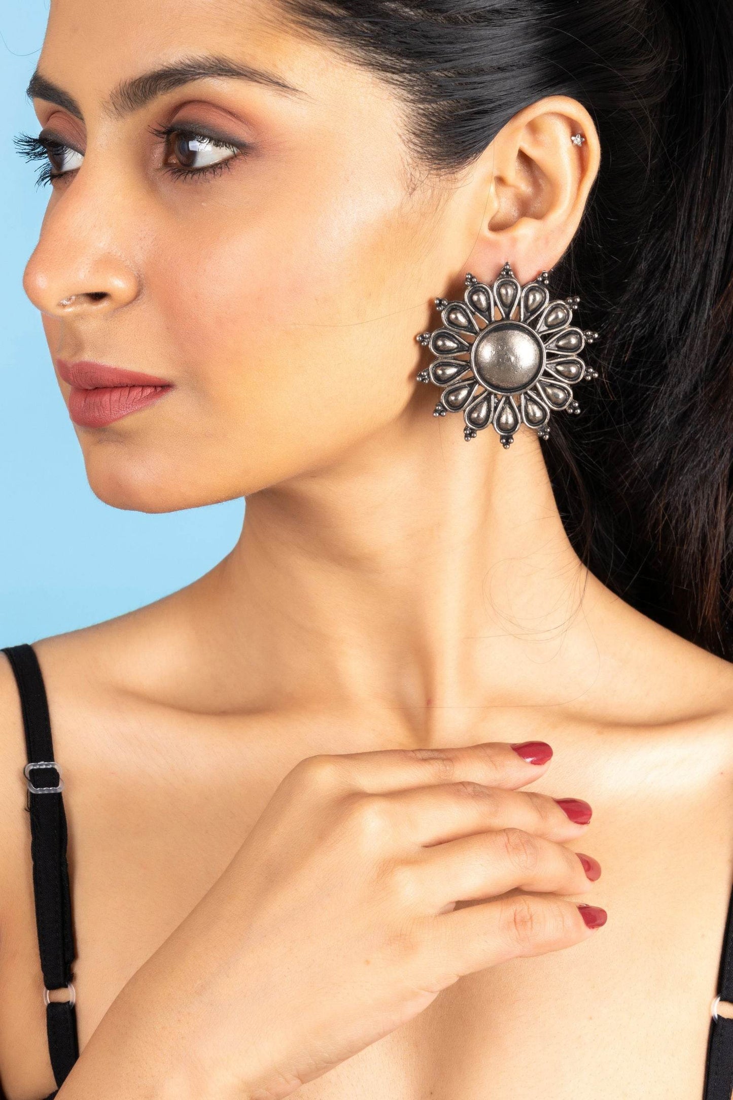German Silver Jumbo Floral Stud Earrings with Oxidized Finish for Everyday Elegance - Lookandadorn.com