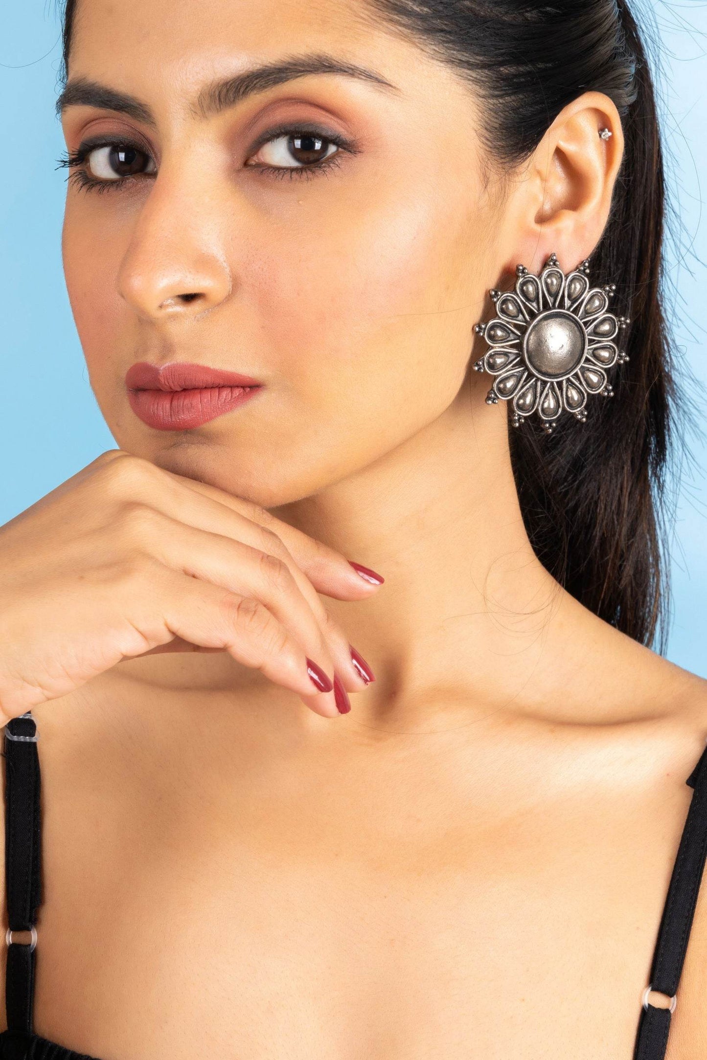 German Silver Jumbo Floral Stud Earrings with Oxidized Finish for Everyday Elegance - Lookandadorn.com