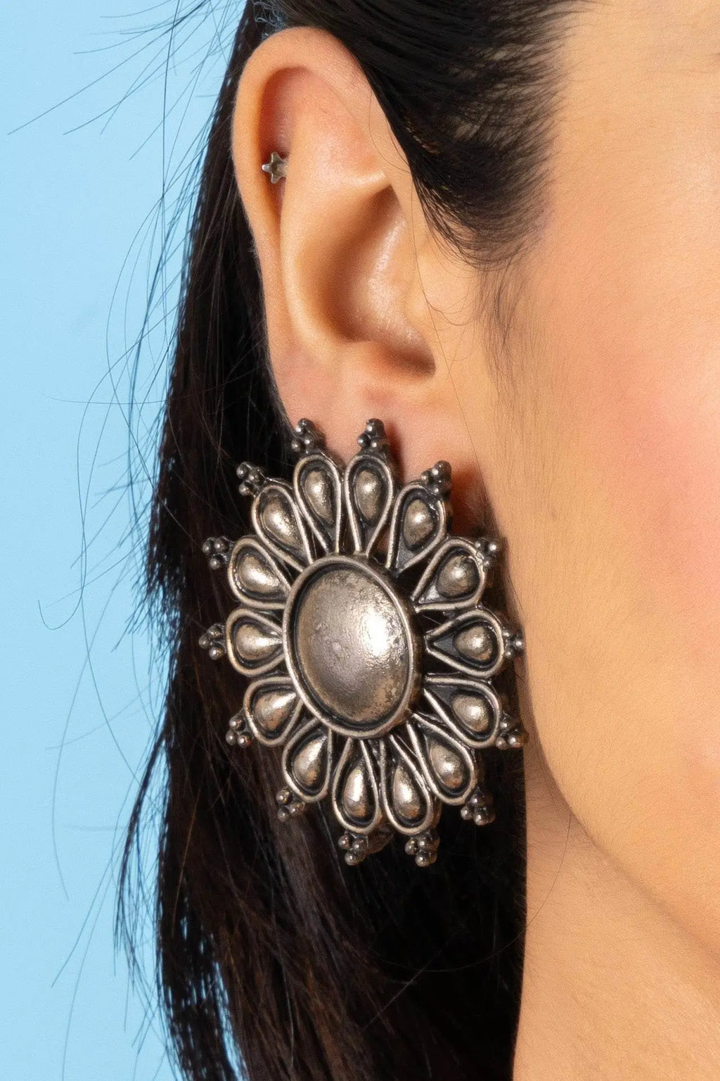 German Silver Jumbo Floral Stud Earrings with Oxidized Finish for Everyday Elegance - Lookandadorn.com