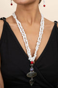 Handmade Labradorite Mother Of Pearl Pendant Necklace Set with Coral White Stone Chips and Matching Earrings - Lookandadorn.com