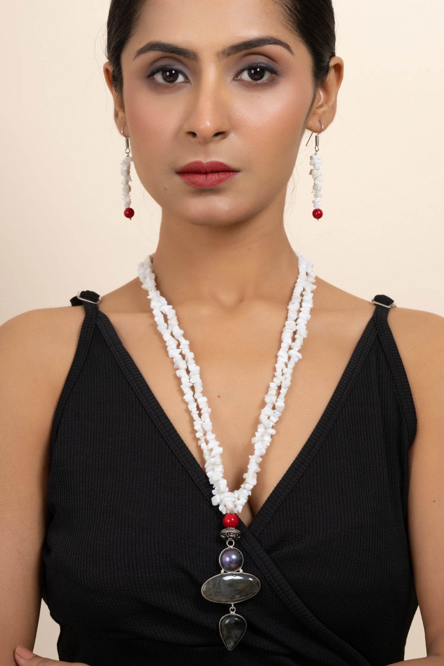 Handmade Labradorite Mother Of Pearl Pendant Necklace Set with Coral White Stone Chips and Matching Earrings - Lookandadorn.com