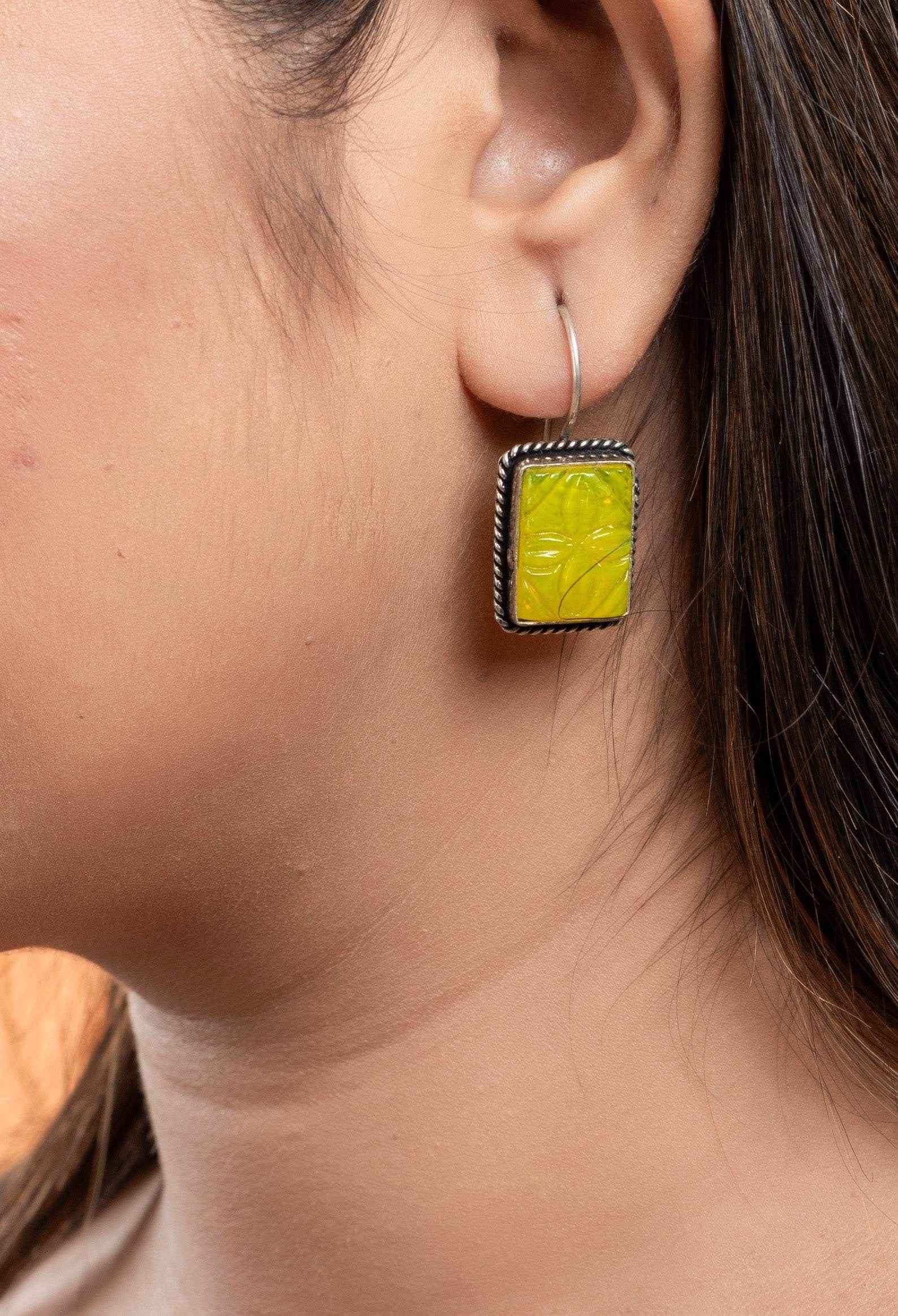 Lemon Yellow Carved Stone Earrings in Oxidised Silver, Non-Allergic - Lookandadorn.com