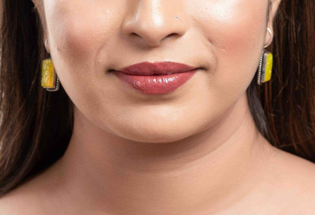 Lemon Yellow Carved Stone Earrings in Oxidised Silver, Non-Allergic - Lookandadorn.com