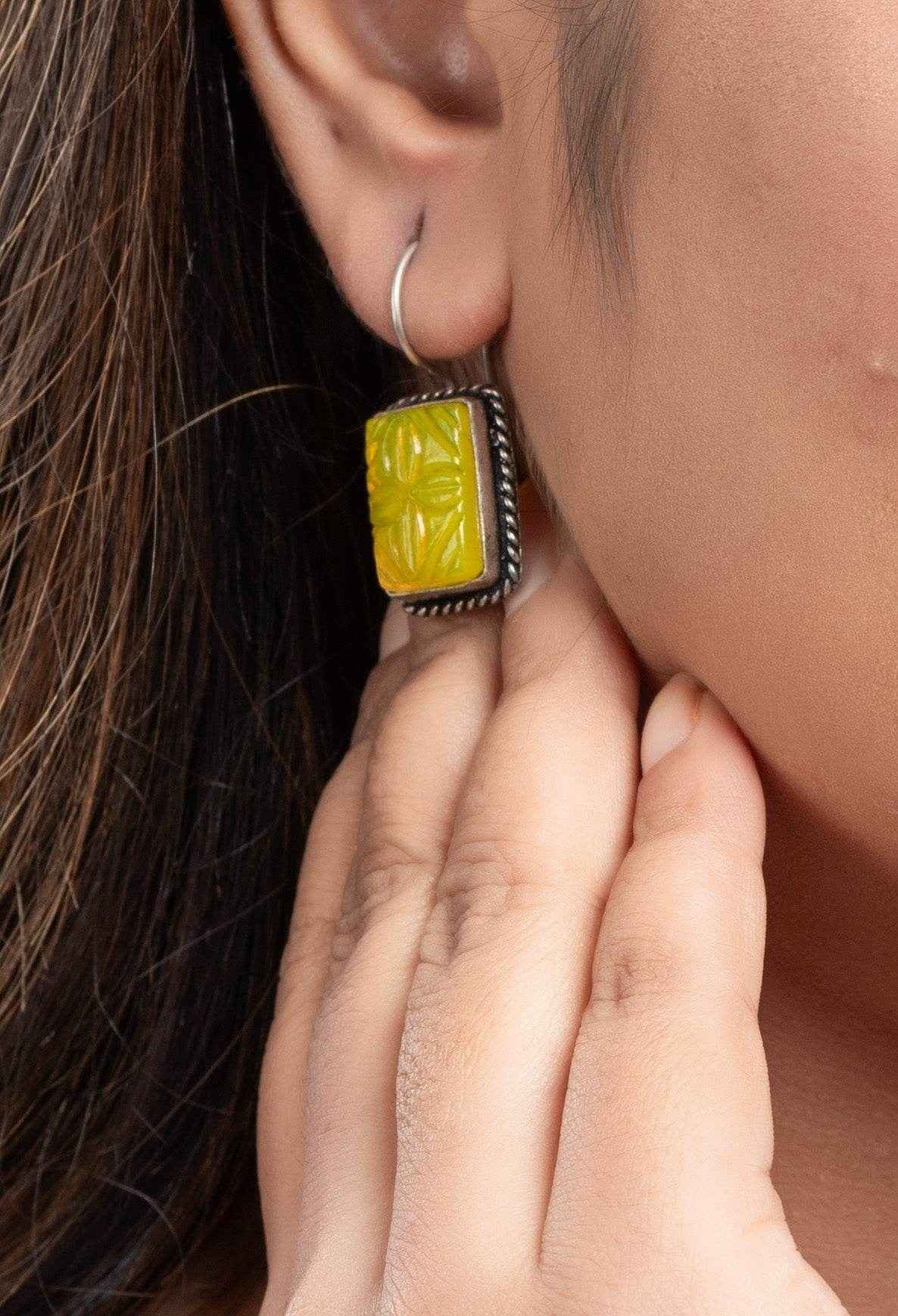 Lemon Yellow Carved Stone Earrings in Oxidised Silver, Non-Allergic - Lookandadorn.com