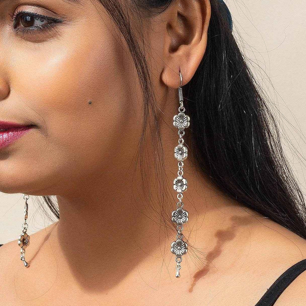 Handmade Lightweight German Silver Long Floral Dangler Earrings for All Occasions, Unique & Non-Allergic - Lookandadorn.com