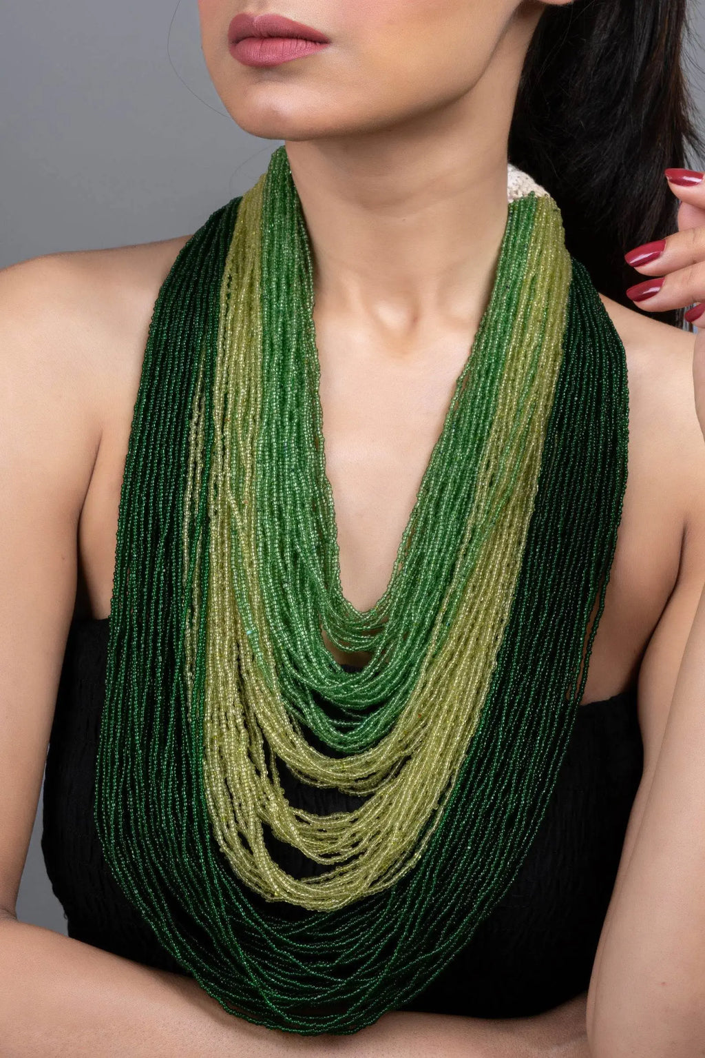 Multi-Layered Czech Bead Statement Necklace in 5 Shades of Green for Women and Girls - Lookandadorn.com
