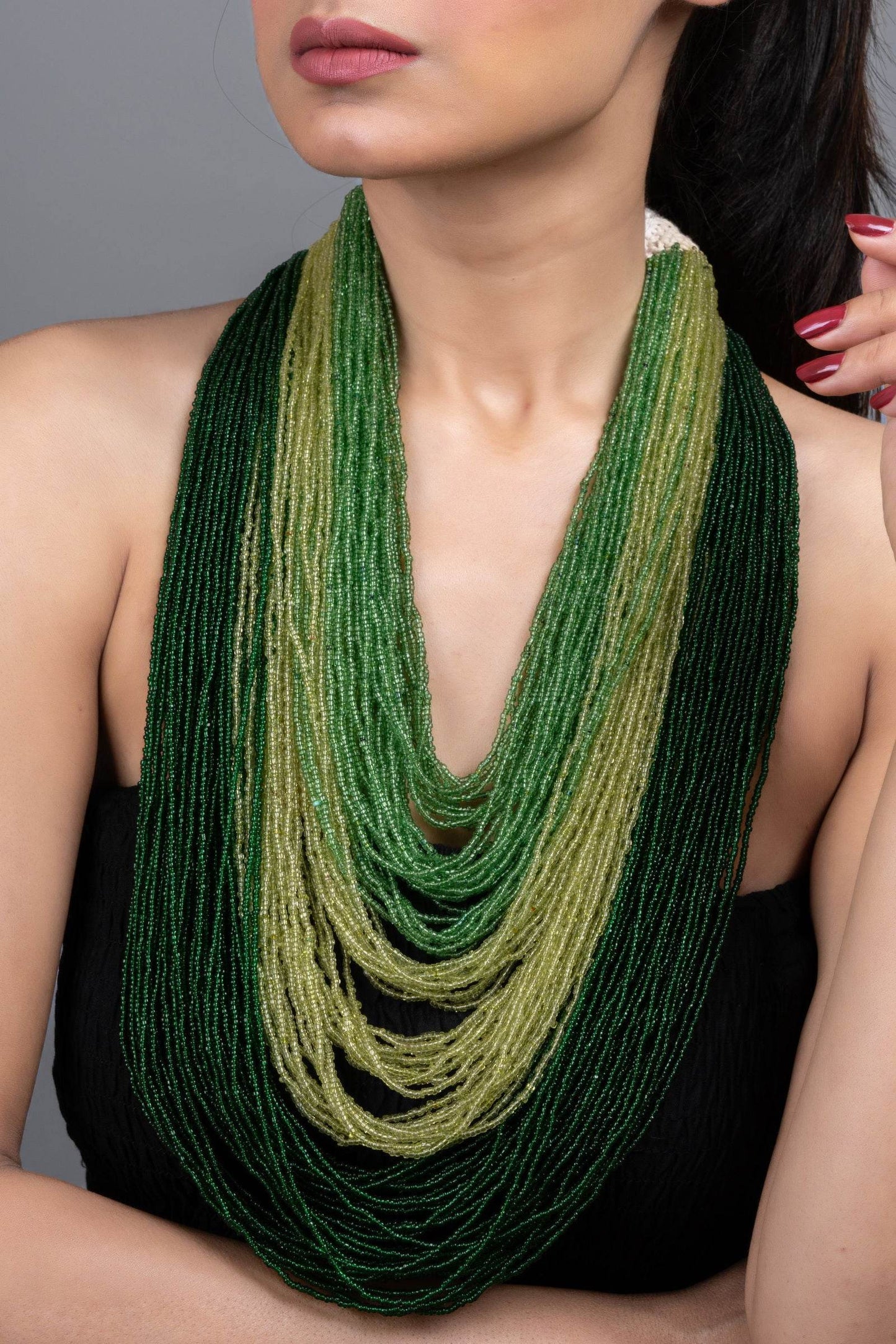 Multi-Layered Czech Bead Statement Necklace in 5 Shades of Green for Women and Girls - Lookandadorn.com