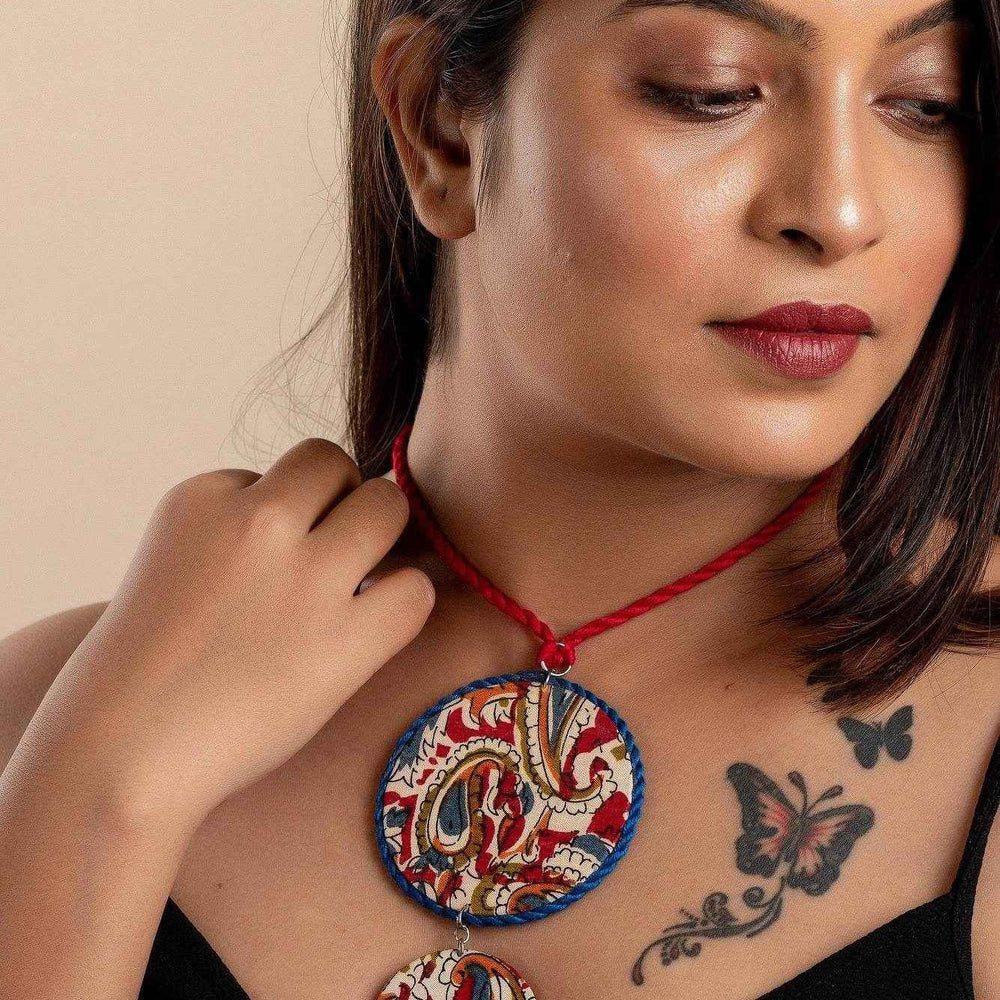 Multicolor Kalamkari Necklace - Handcrafted Cotton Fabric Jewelry for Women, Unique & Lightweight - Lookandadorn.com