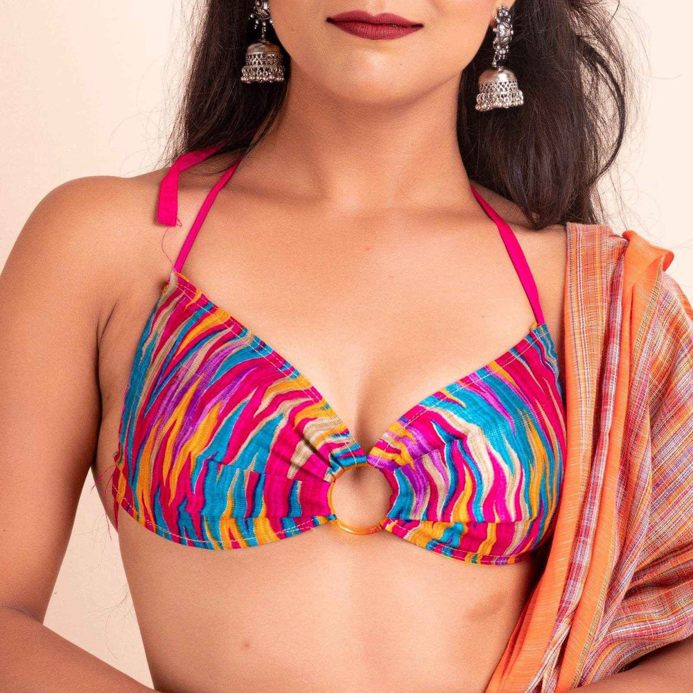 Multicolor Designer Fabric Backless Halter Neck Blouse - Non-Padded - Lookandadorn.com