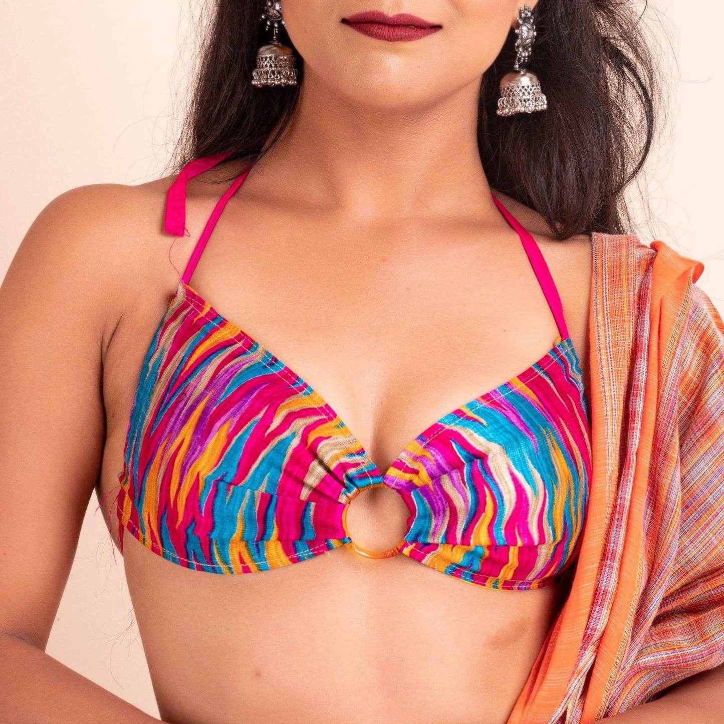 Multicolor Designer Fabric Backless Halter Neck Blouse - Non-Padded - Lookandadorn.com