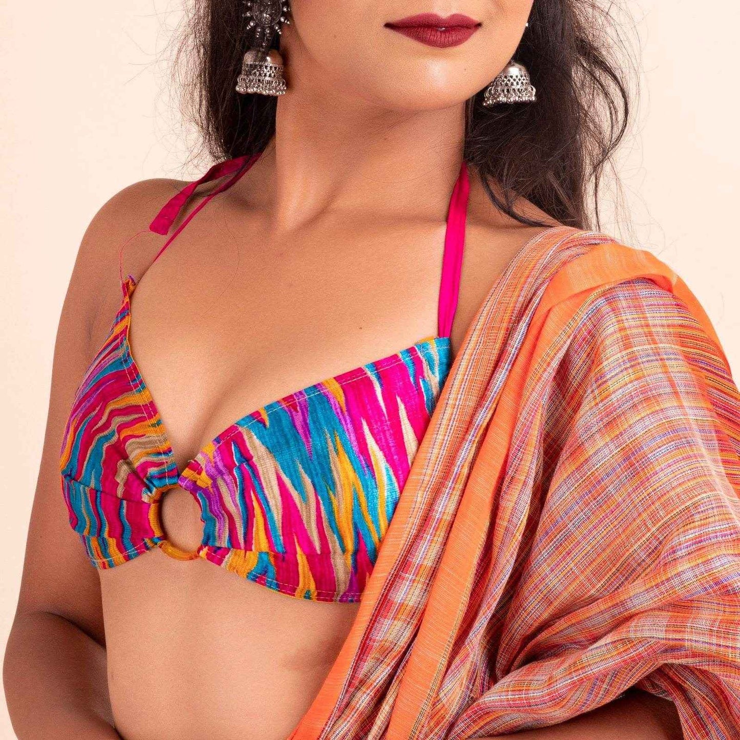 Multicolor Designer Fabric Backless Halter Neck Blouse - Non-Padded - Lookandadorn.com