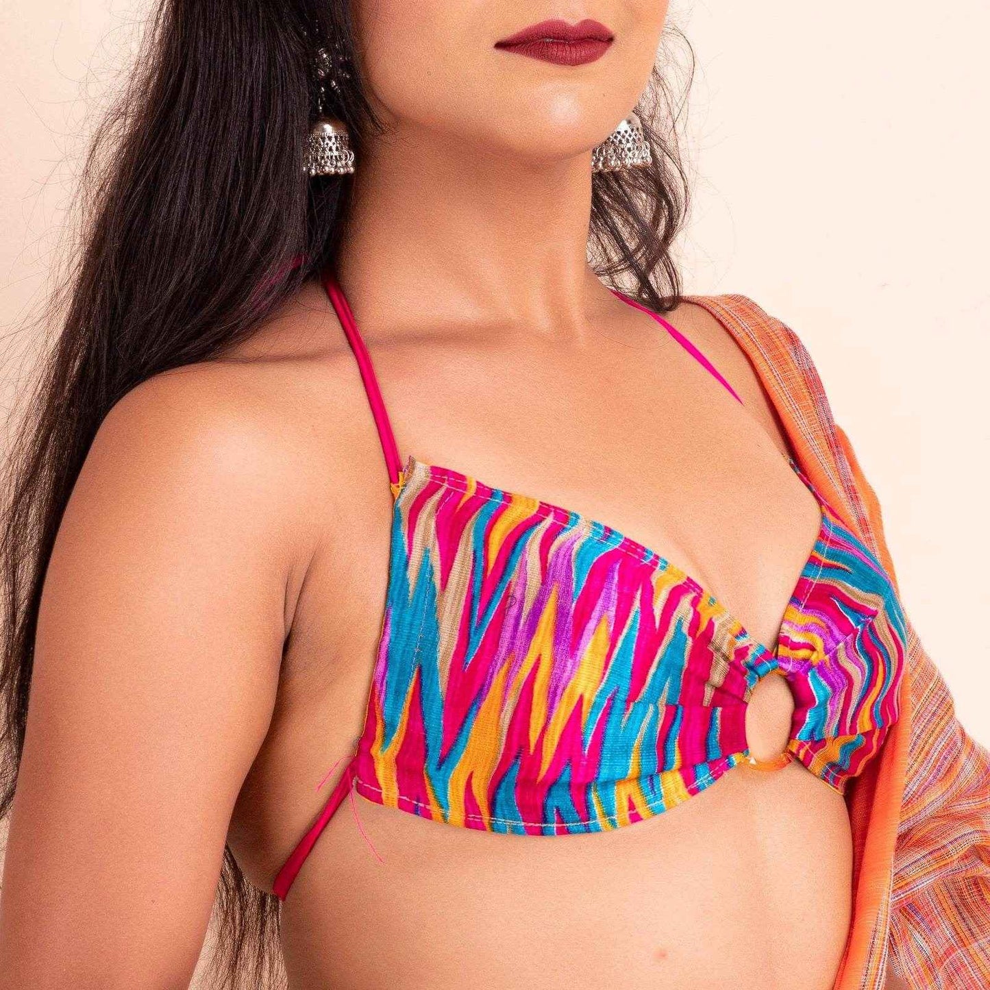 Multicolor Designer Fabric Backless Halter Neck Blouse - Non-Padded - Lookandadorn.com