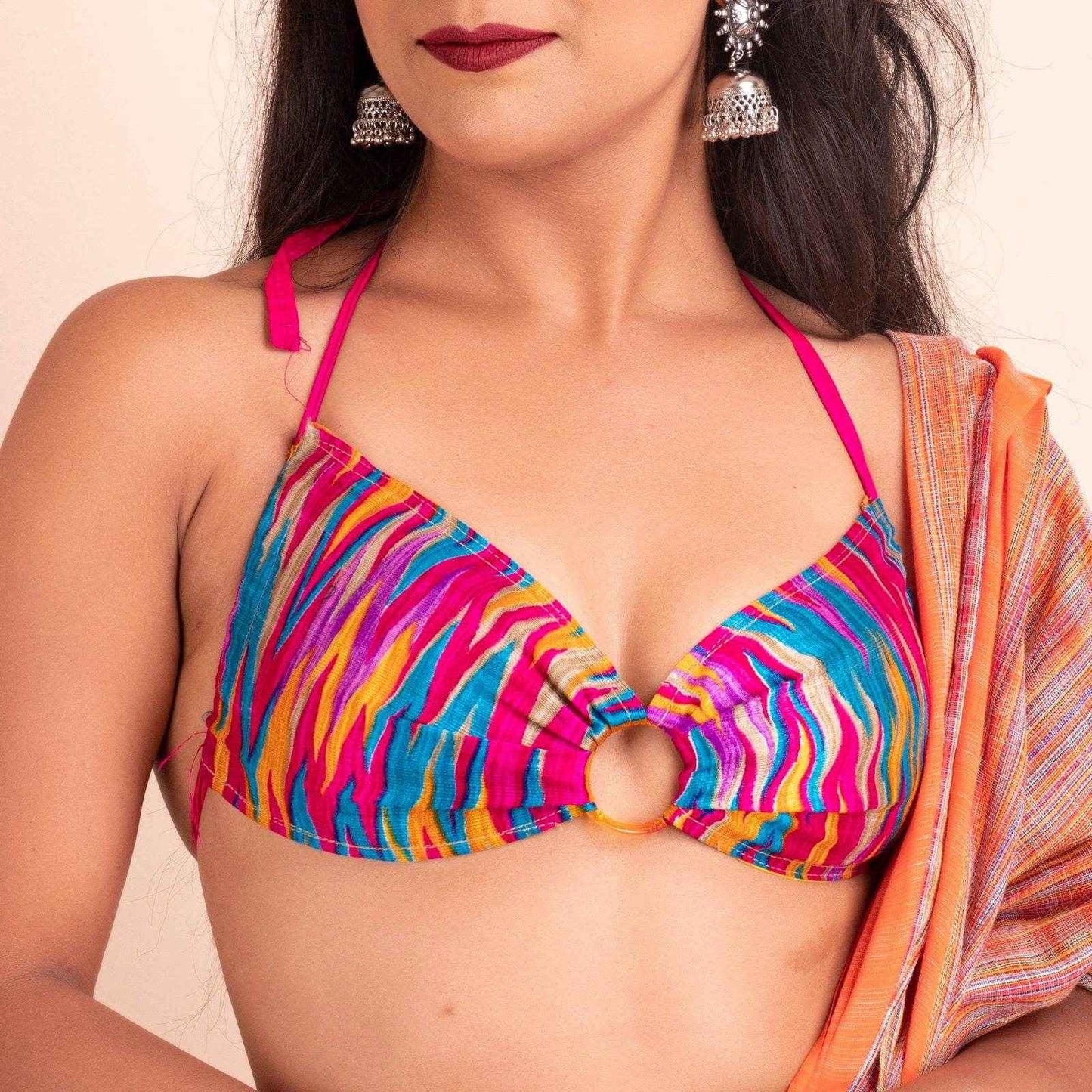 Multicolor Designer Fabric Backless Halter Neck Blouse - Non-Padded - Lookandadorn.com