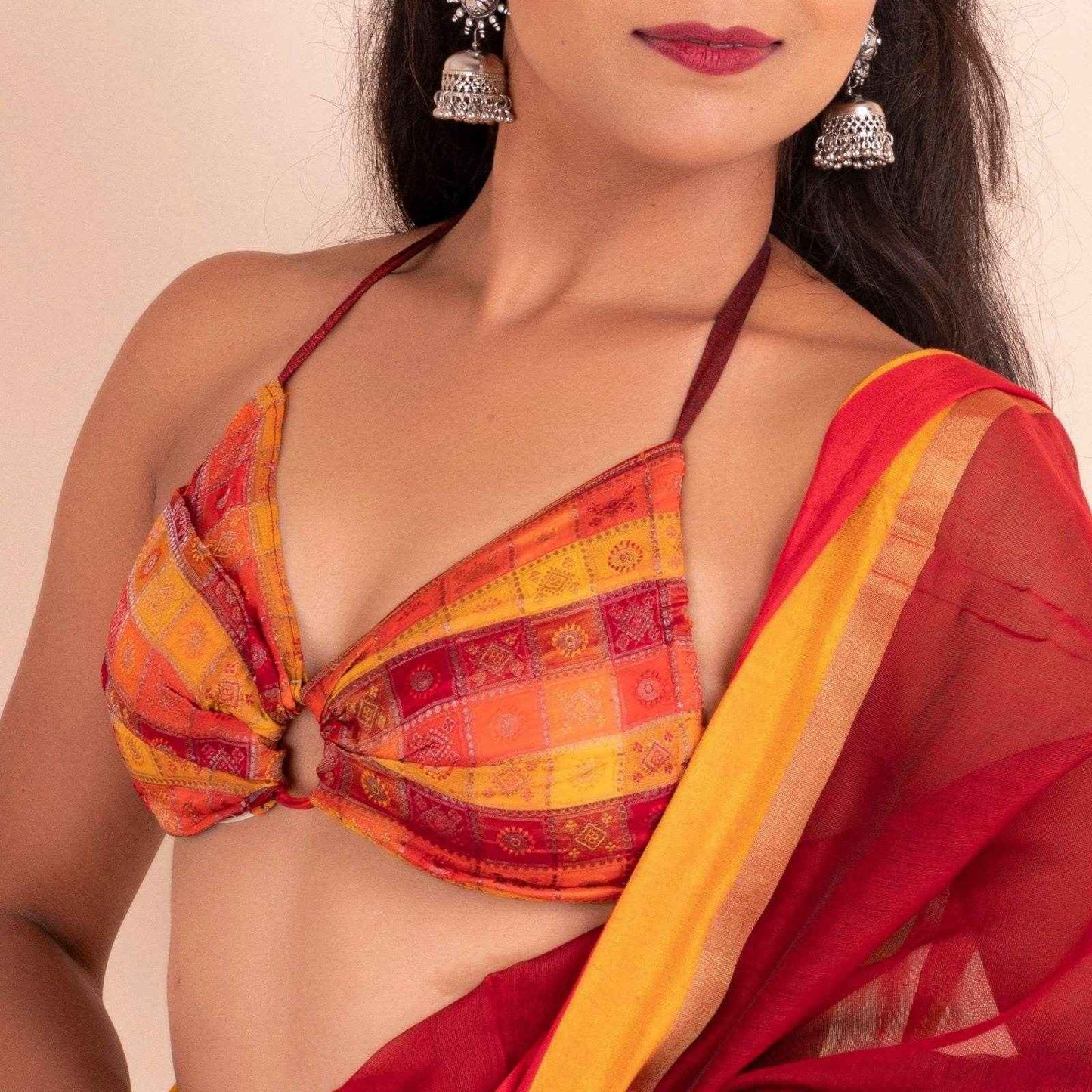 Designer Multicolor Brocade Halter Backless Blouse - Non Padded - Lookandadorn.com