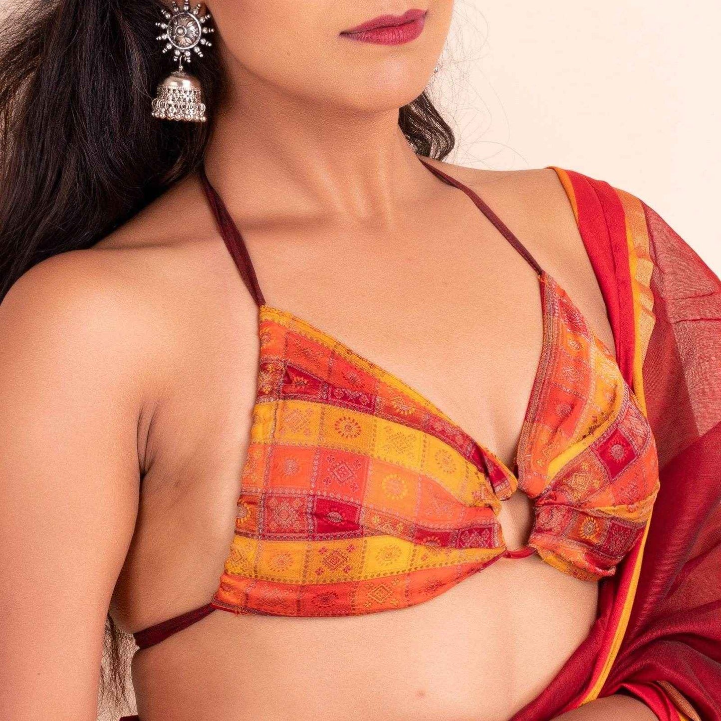 Designer Multicolor Brocade Halter Backless Blouse - Non Padded - Lookandadorn.com