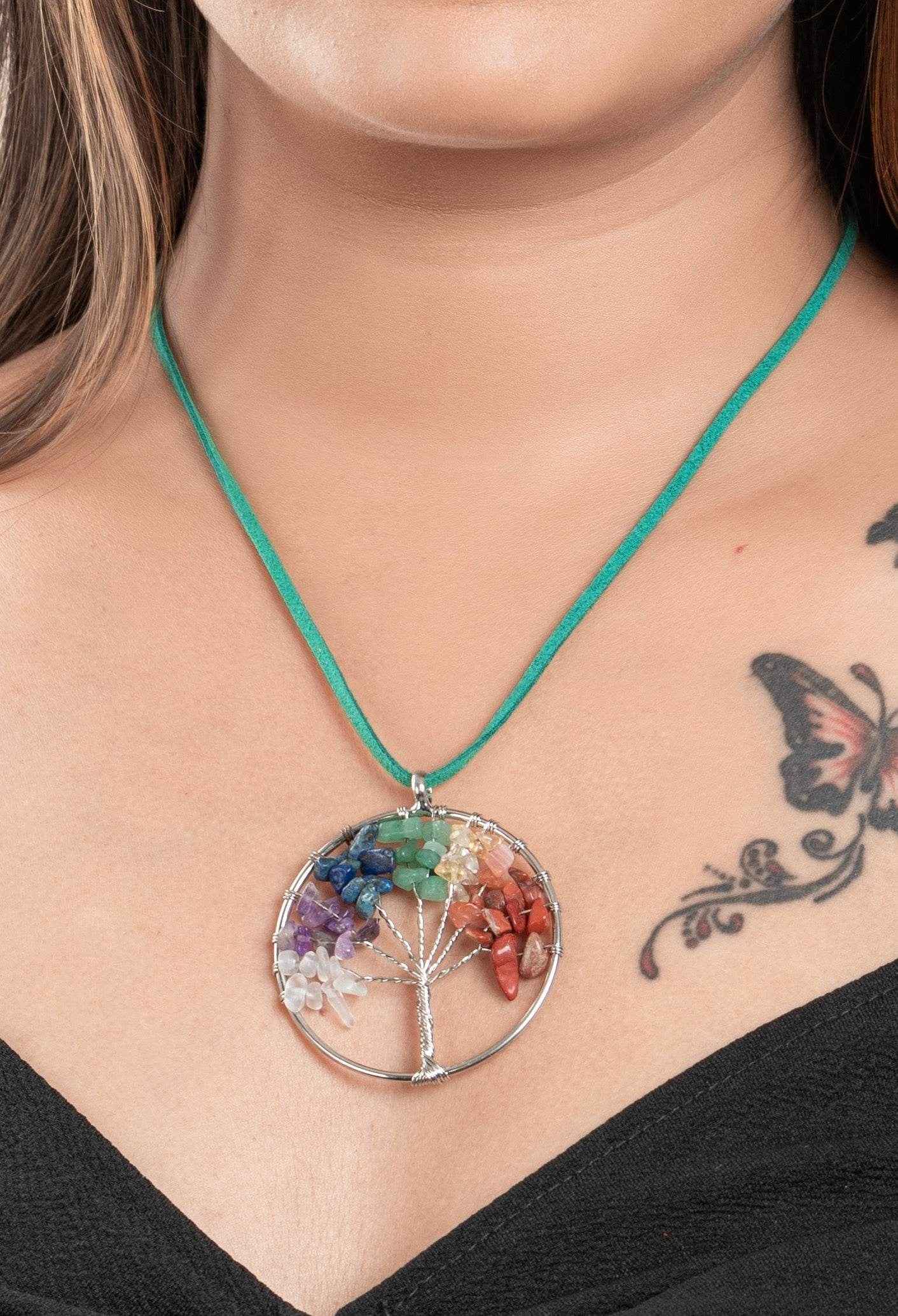 Multicolor Semi Precious Stone Oxidised Silver Tree of Life Pendant Necklace Jewelry - Adjustable Suede Cord - Lookandadorn.com