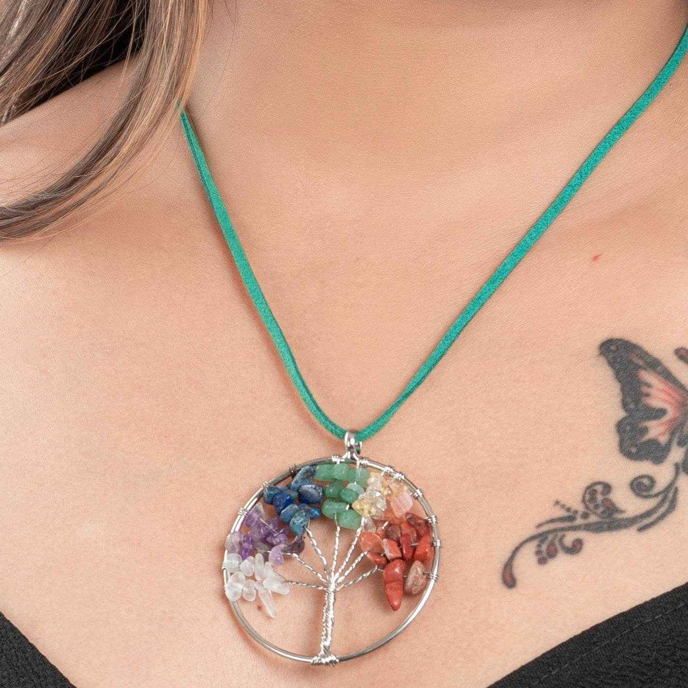Multicolor Semi Precious Stone Oxidised Silver Tree of Life Pendant Necklace Jewelry - Adjustable Suede Cord - Lookandadorn.com