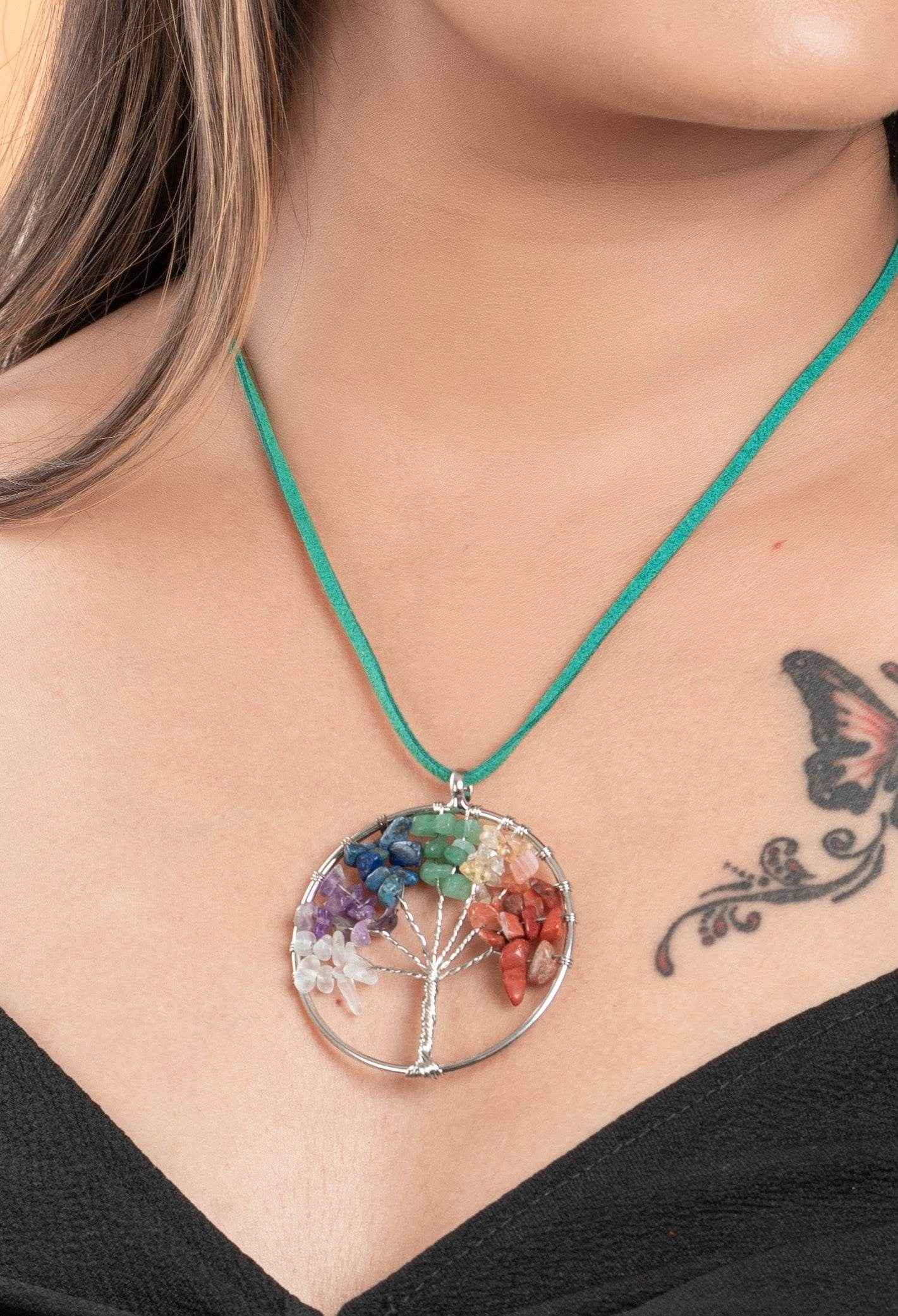 Multicolor Semi Precious Stone Oxidised Silver Tree of Life Pendant Necklace Jewelry - Adjustable Suede Cord - Lookandadorn.com