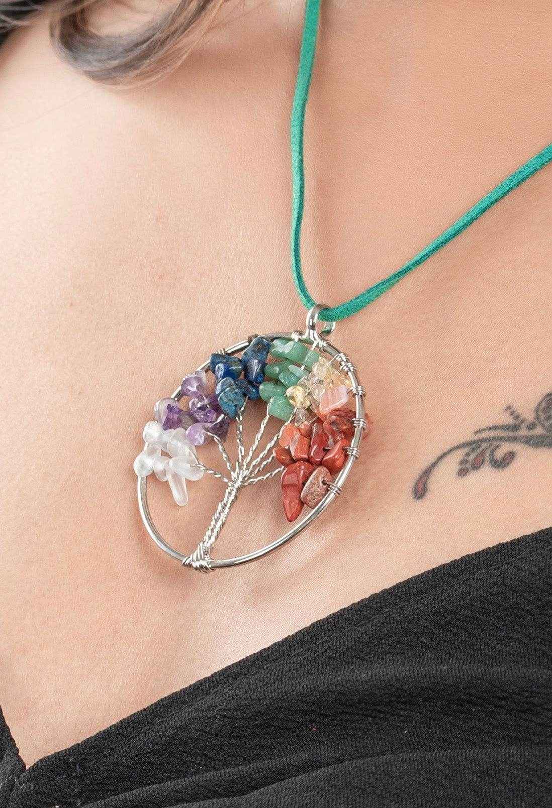 Multicolor Semi Precious Stone Oxidised Silver Tree of Life Pendant Necklace Jewelry - Adjustable Suede Cord - Lookandadorn.com