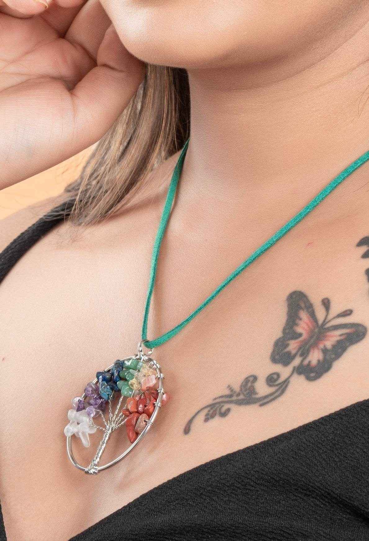 Multicolor Semi Precious Stone Oxidised Silver Tree of Life Pendant Necklace Jewelry - Adjustable Suede Cord - Lookandadorn.com