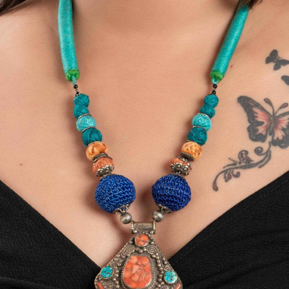 Multicolor Tibetan Neckpiece With Adjustable Dori, Handcrafted Cotton Beads & Pendant For Women - Lookandadorn.com