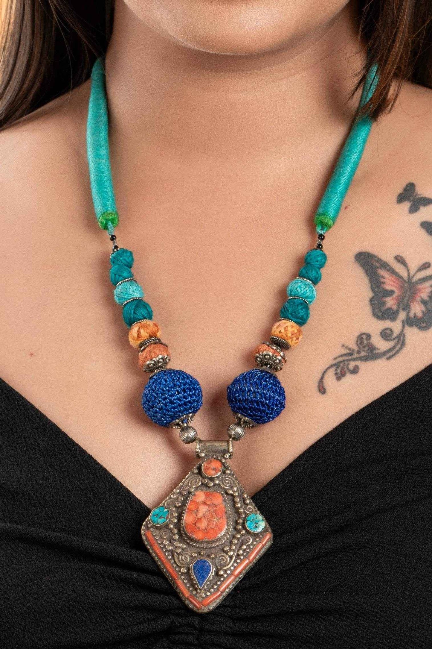 Multicolor Tibetan Neckpiece With Adjustable Dori, Handcrafted Cotton Beads & Pendant For Women - Lookandadorn.com