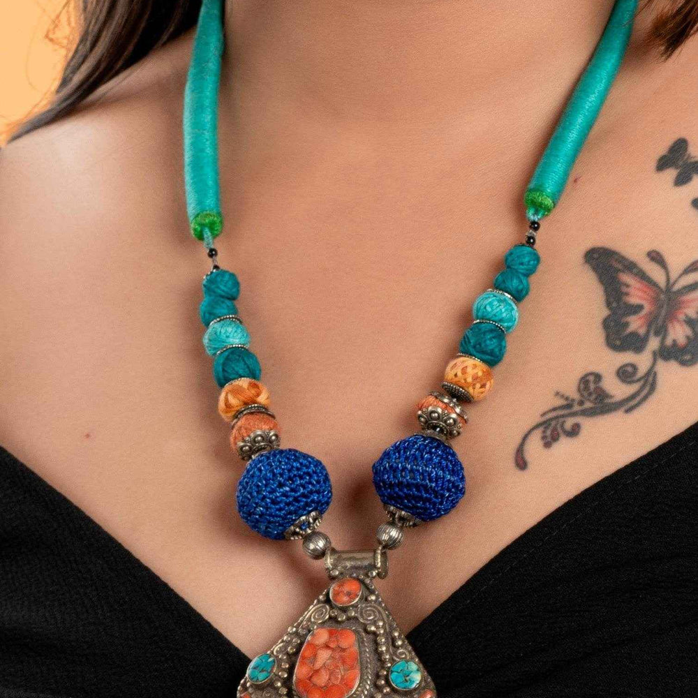 Multicolor Tibetan Neckpiece With Adjustable Dori, Handcrafted Cotton Beads & Pendant For Women - Lookandadorn.com