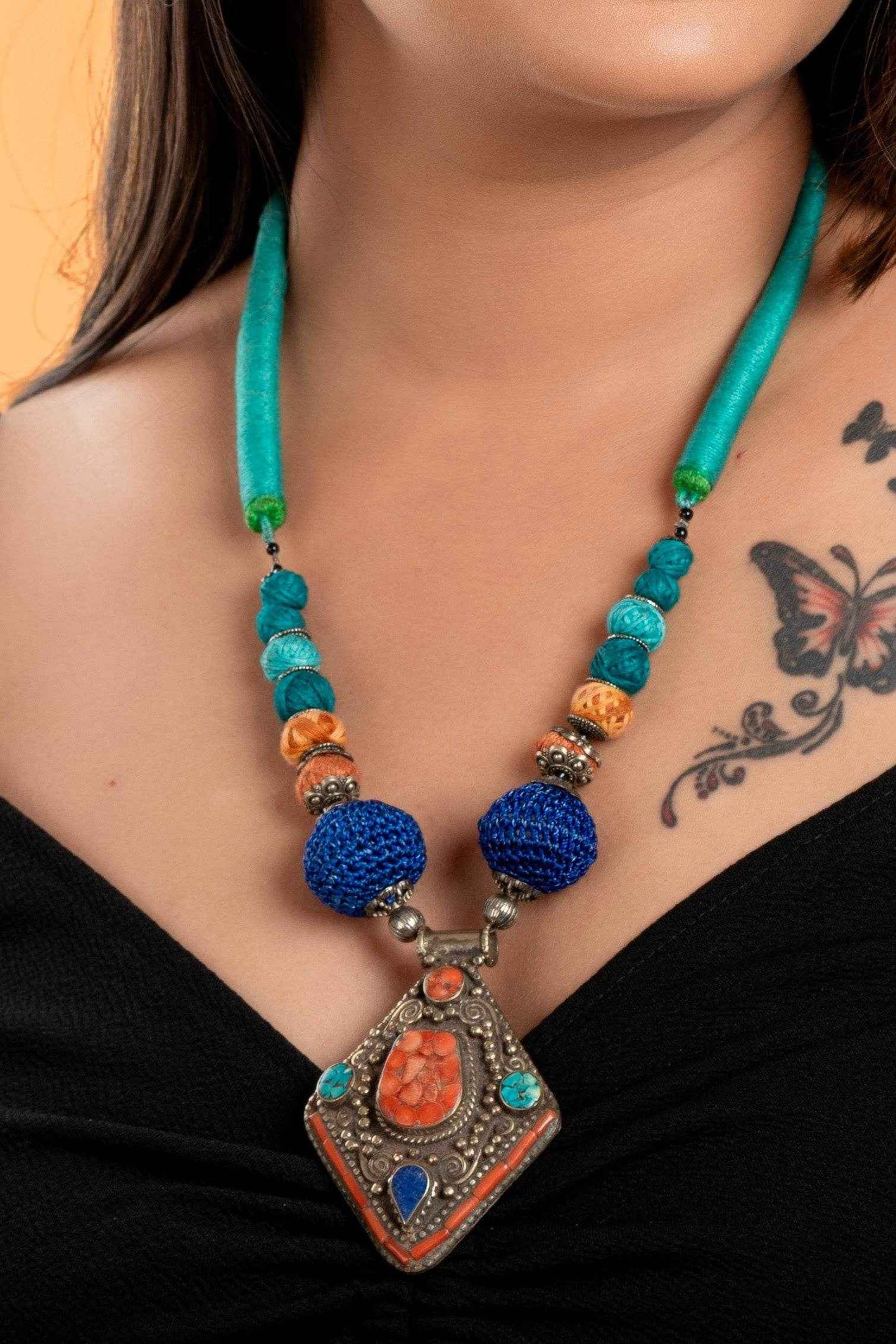 Multicolor Tibetan Neckpiece With Adjustable Dori, Handcrafted Cotton Beads & Pendant For Women - Lookandadorn.com