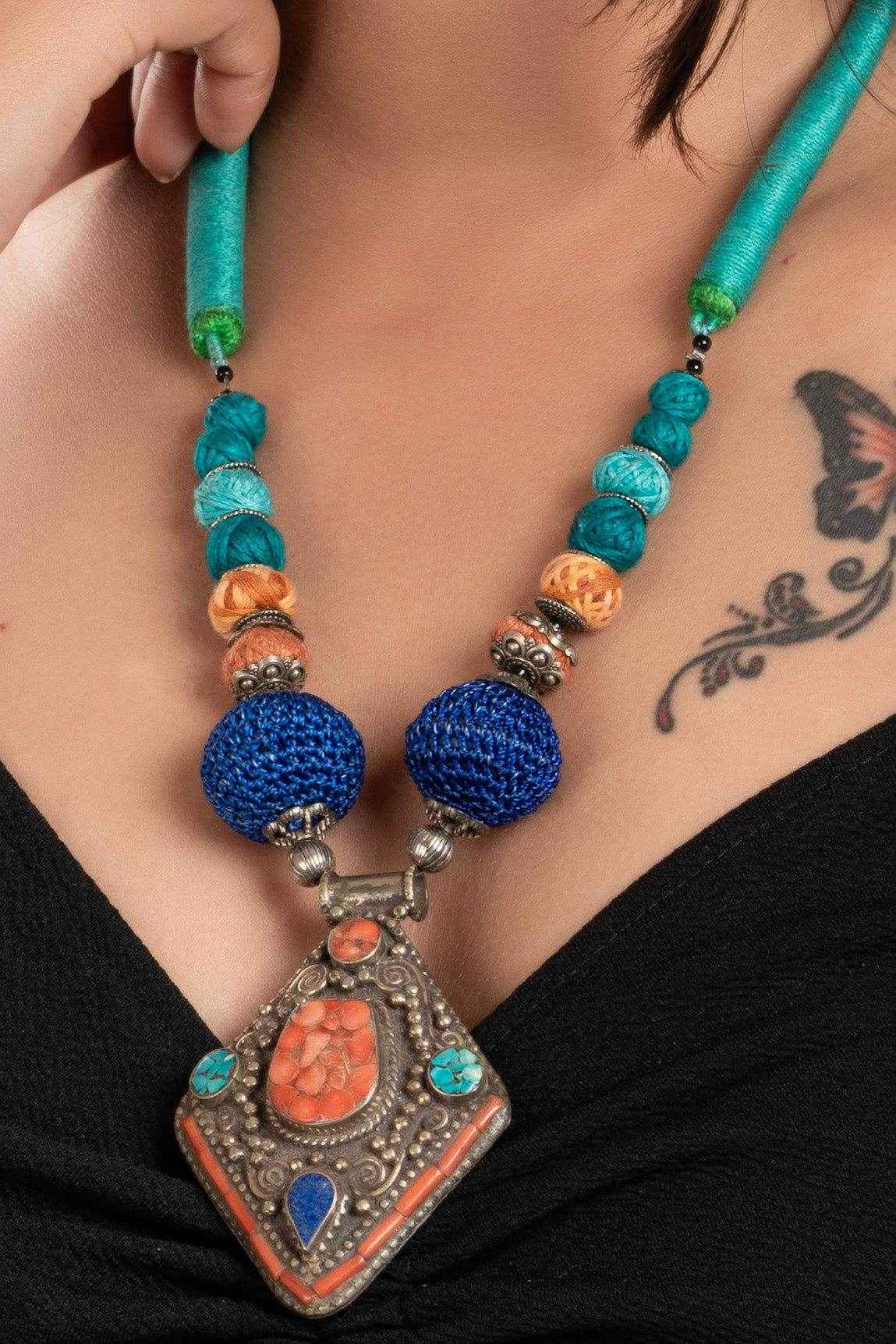 Multicolor Tibetan Neckpiece With Adjustable Dori, Handcrafted Cotton Beads & Pendant For Women - Lookandadorn.com