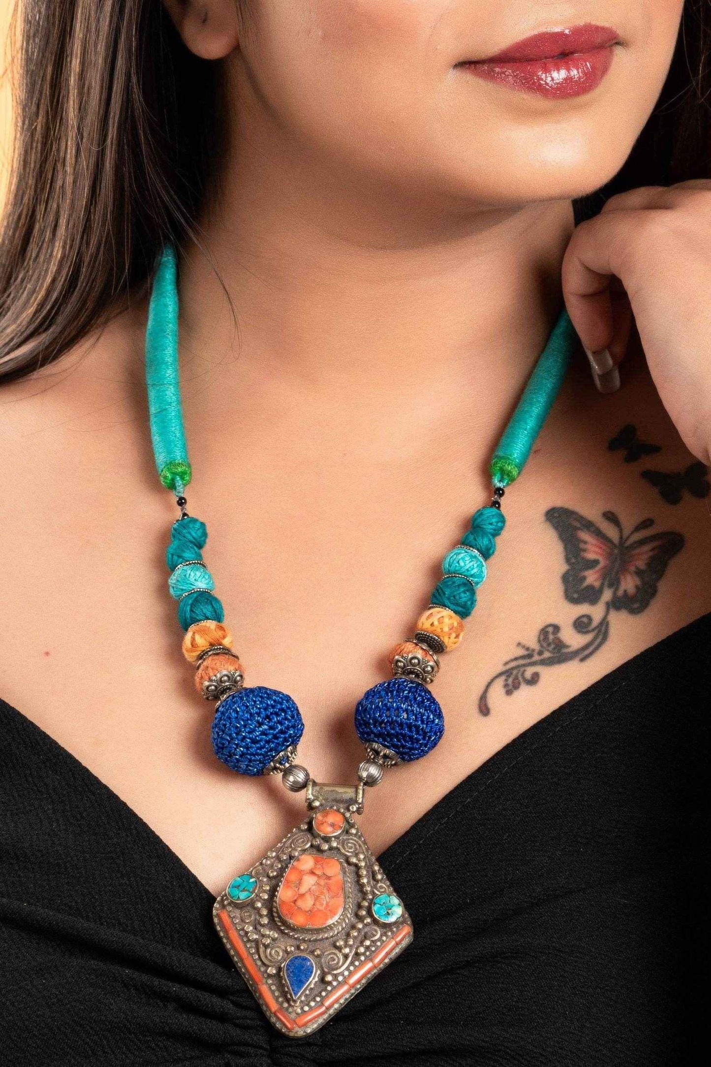 Multicolor Tibetan Neckpiece With Adjustable Dori, Handcrafted Cotton Beads & Pendant For Women - Lookandadorn.com