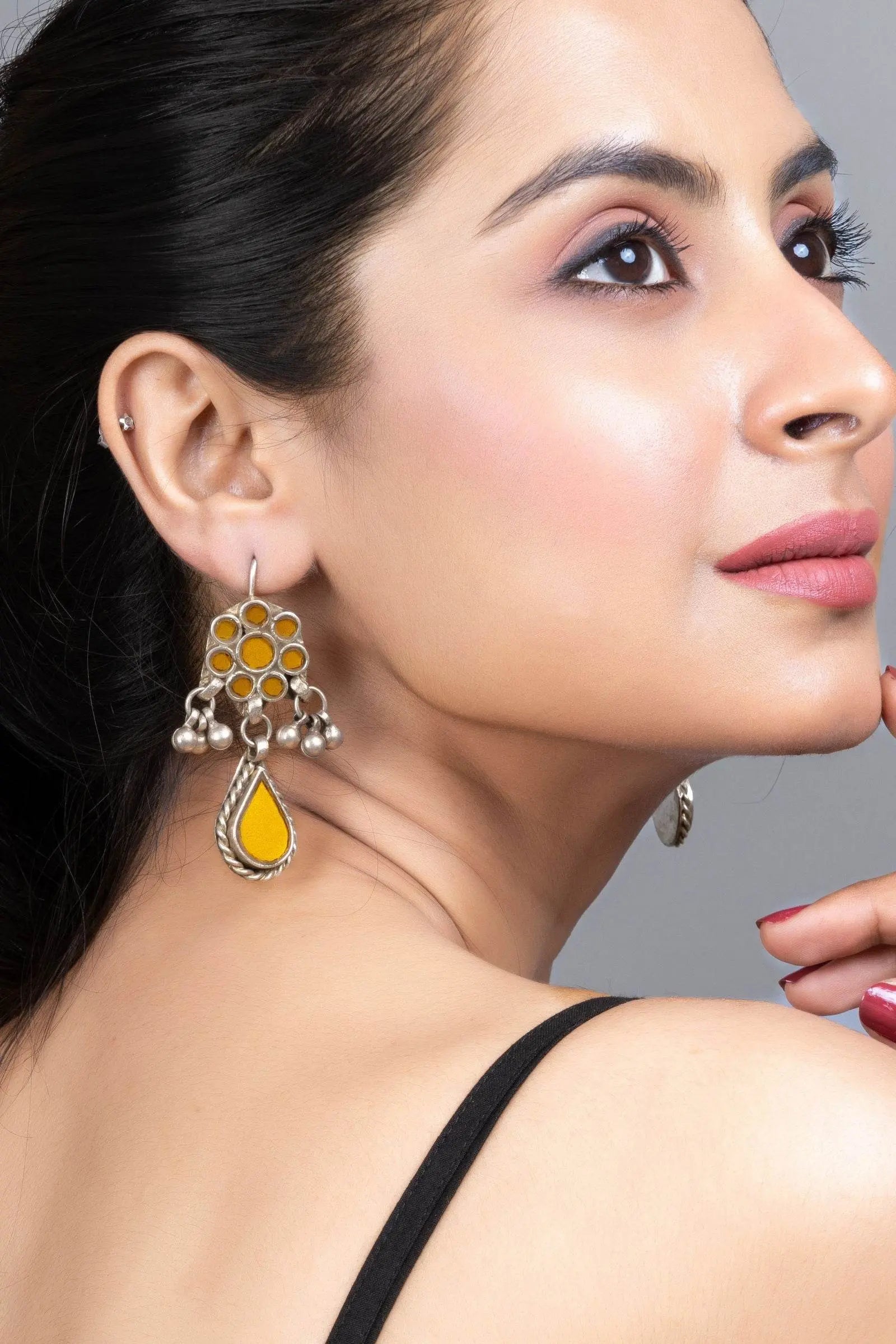 Mustard Yellow Ghungroo Silver Afghan Replica Dangler Earrings with Vibrant Glass Beads - Lookandadorn.com