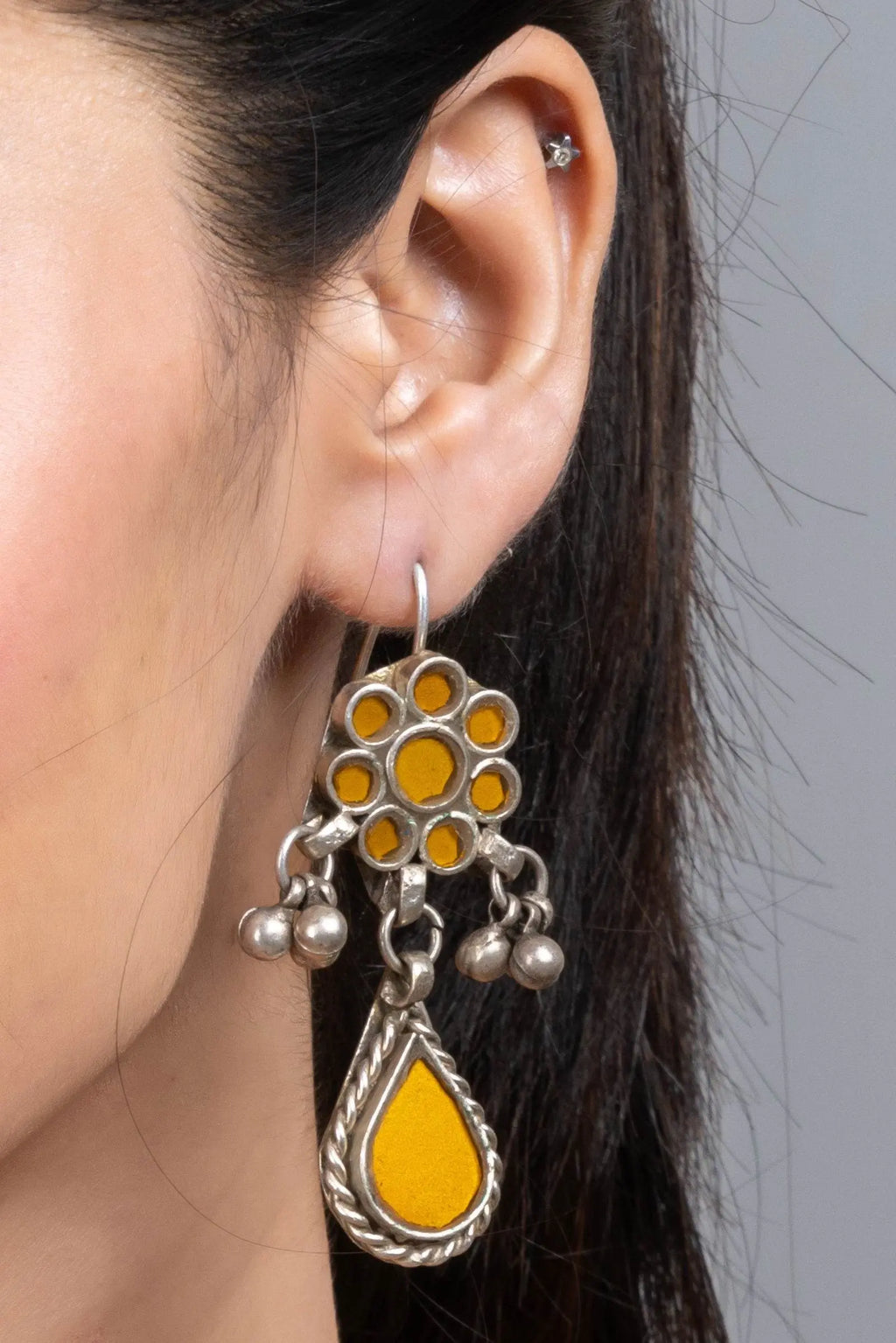 Mustard Yellow Ghungroo Silver Afghan Replica Dangler Earrings with Vibrant Glass Beads - Lookandadorn.com