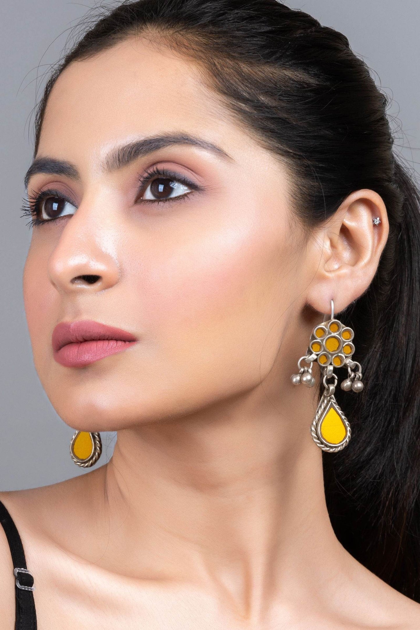 Mustard Yellow Ghungroo Silver Afghan Replica Dangler Earrings with Vibrant Glass Beads - Lookandadorn.com