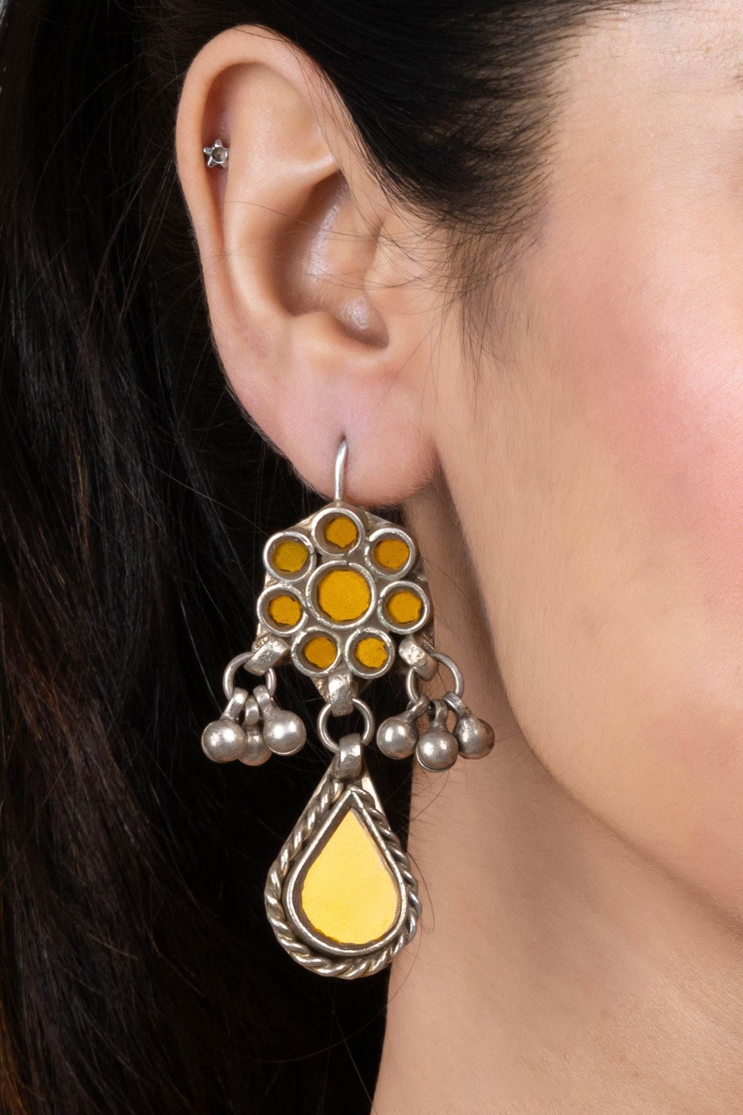 Mustard Yellow Ghungroo Silver Afghan Replica Dangler Earrings with Vibrant Glass Beads - Lookandadorn.com