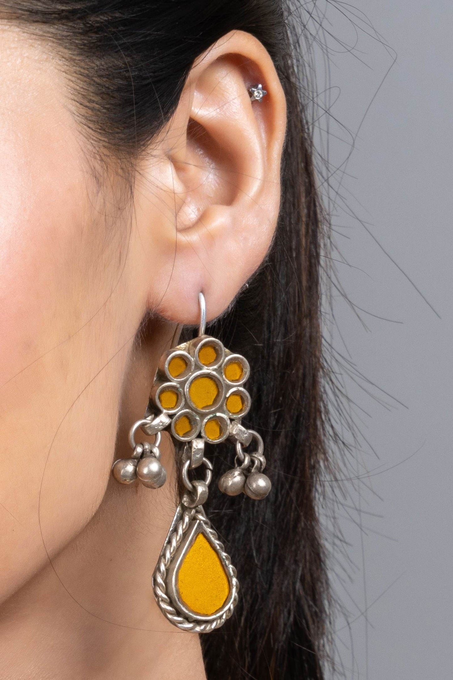 Mustard Yellow Ghungroo Silver Afghan Replica Dangler Earrings with Vibrant Glass Beads - Lookandadorn.com