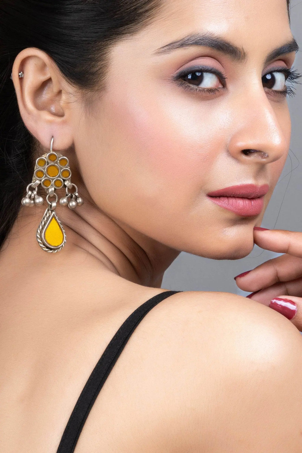 Mustard Yellow Ghungroo Silver Afghan Replica Dangler Earrings with Vibrant Glass Beads - Lookandadorn.com