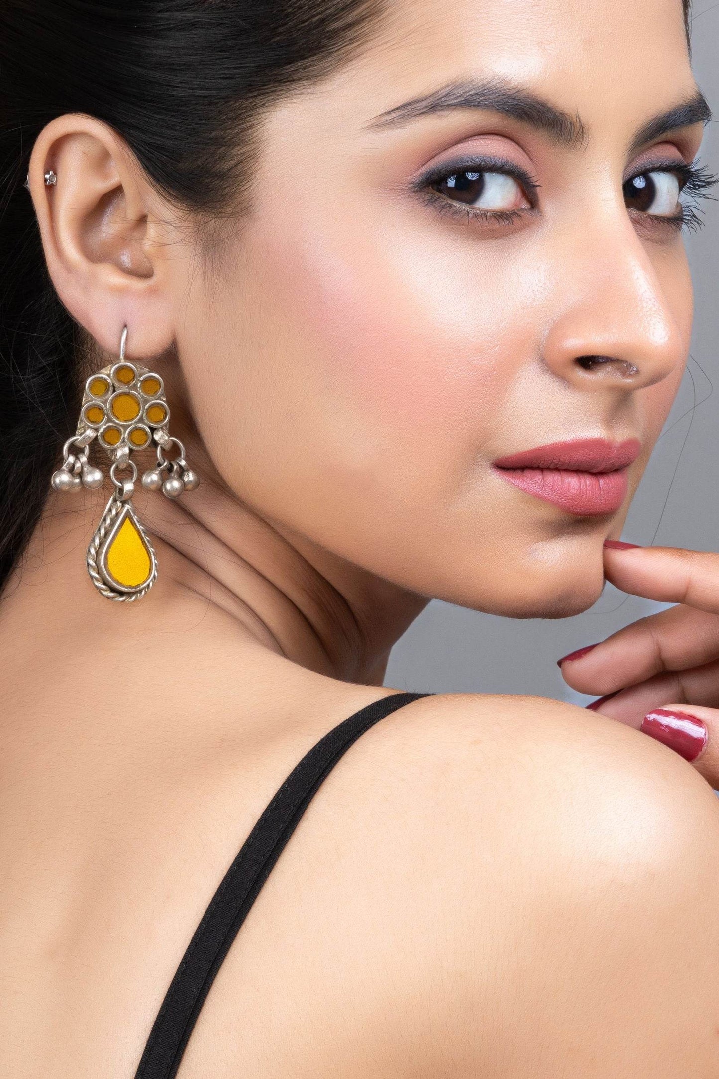 Mustard Yellow Ghungroo Silver Afghan Replica Dangler Earrings with Vibrant Glass Beads - Lookandadorn.com