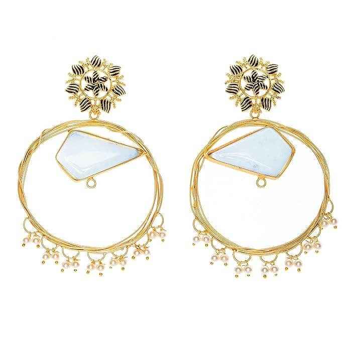 Opal Round Brass Frame Floral Design Stud Earrings - Non-Allergic, Elegant for All Occasions - Lookandadorn.com