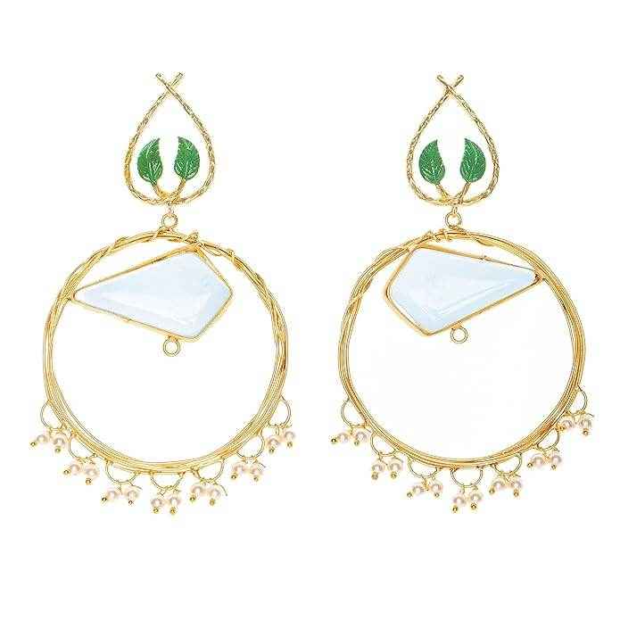 Opal Round Leaf Design Brass Frame Stud Earrings - Non-Allergic, Perfect for Every Occasion - Lookandadorn.com