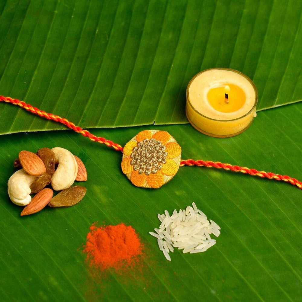 Orange Golden Floral Embroidery Rakhi Set With Roli And Chawal - Handmade Designer Gift For Brother - Lookandadorn.com