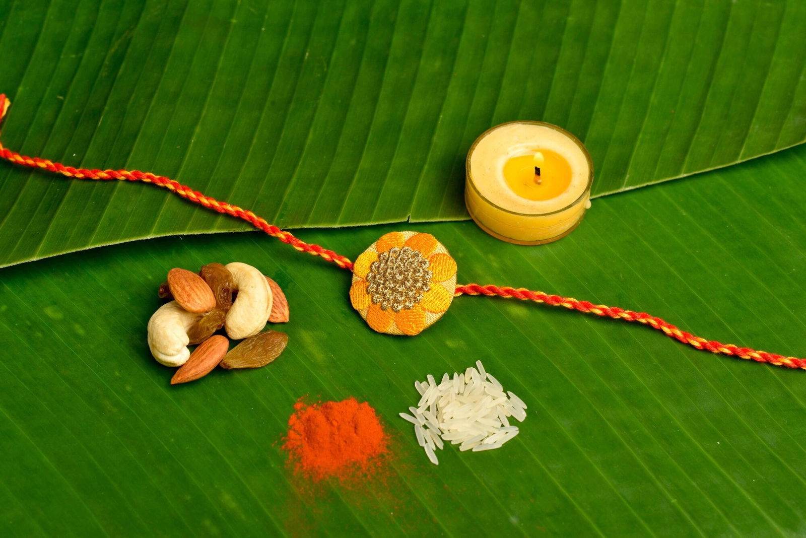 Orange Golden Floral Embroidery Rakhi Set With Roli And Chawal - Handmade Designer Gift For Brother - Lookandadorn.com