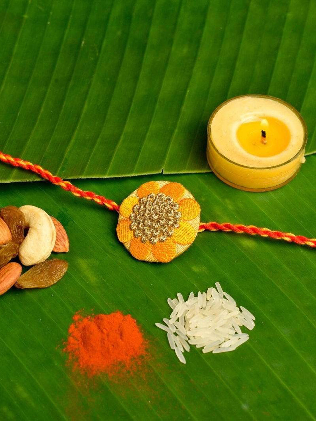 Orange Golden Floral Embroidery Rakhi Set With Roli And Chawal - Handmade Designer Gift For Brother - Lookandadorn.com