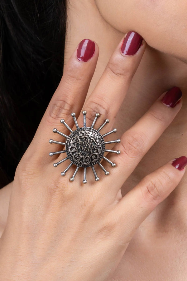 Oxidised Silver Adjustable Spike Coin Ring - Unique Edgy Jewelry for All Occasions - Lookandadorn.com