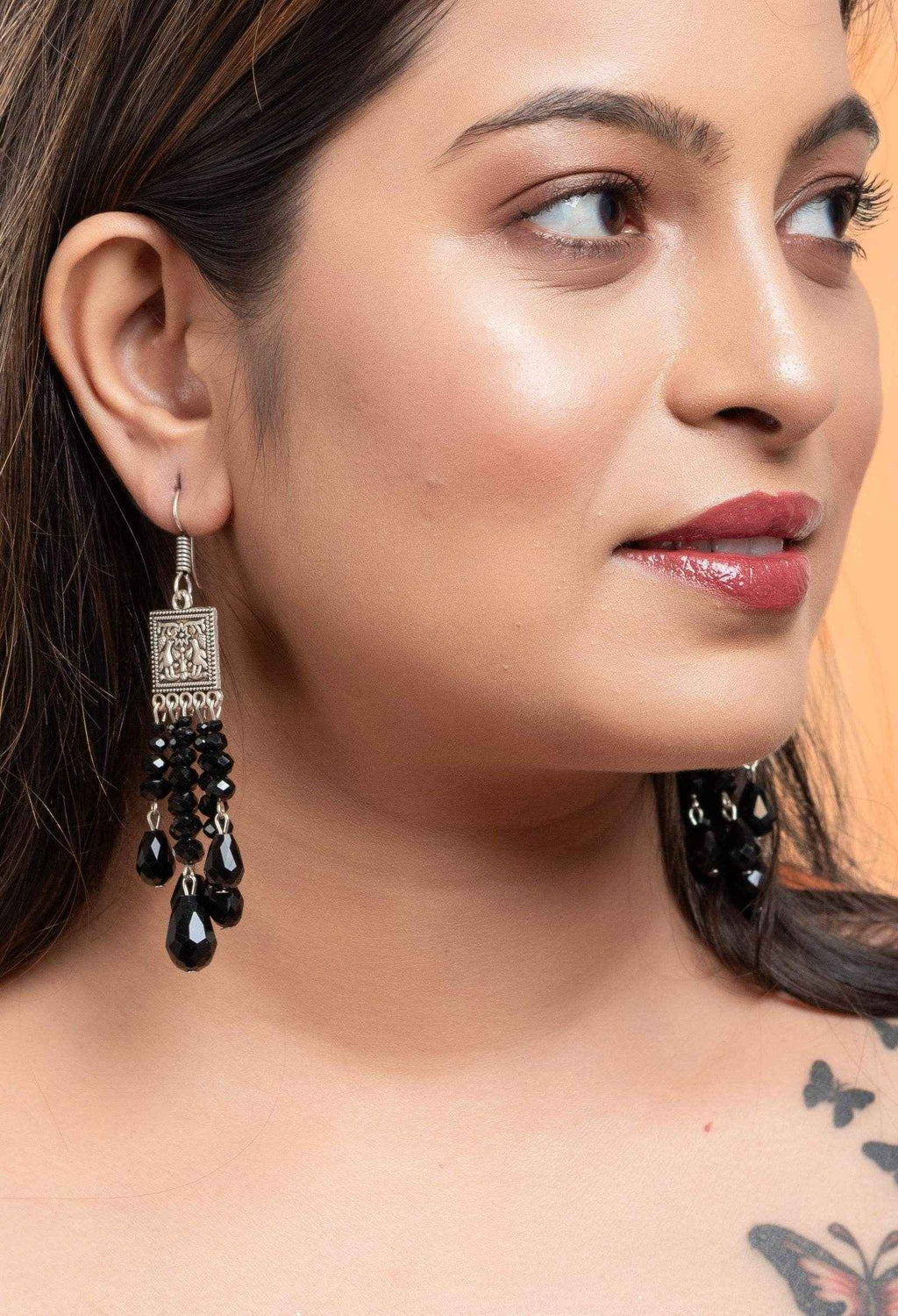 Handmade Black Earrings - Oxidised Silver Drop Design