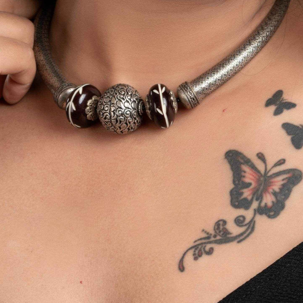 Oxidised Silver Chitai Bead Necklace with Adjustable Black Dori - Handcrafted Light Weight Design - Lookandadorn.com