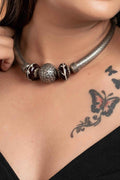 Oxidised Silver Chitai Bead Necklace with Adjustable Black Dori - Handcrafted Light Weight Design - Lookandadorn.com